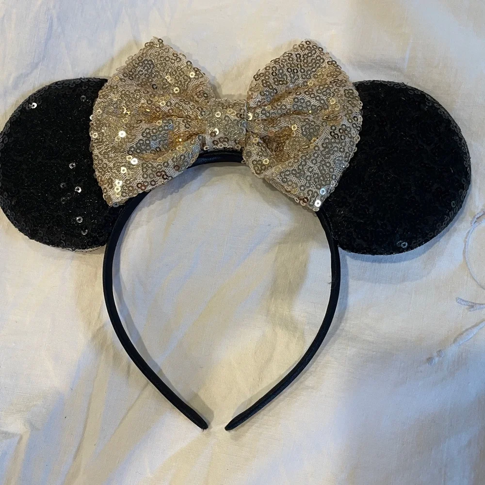 Disney Sequin Bow Black Mouse Ears With Gold Bow on  Headband